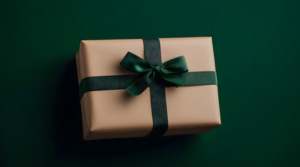 Minimalistic Gift Wrapped in Brown Paper with Green Accents on a Dark Green Background for Stylish Presentations