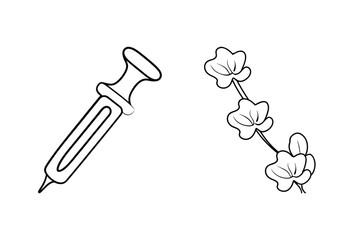 Simple minimalist design of a medicine dropper and a delicate flowering stem on a clean white background.