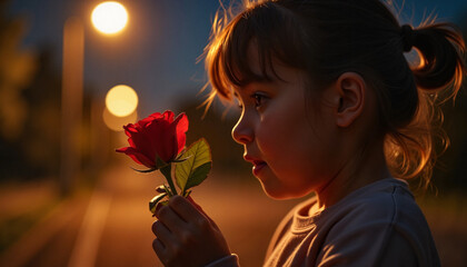 Child holding a delicate rose at nighttime under streetlamp, symbolism of innocence