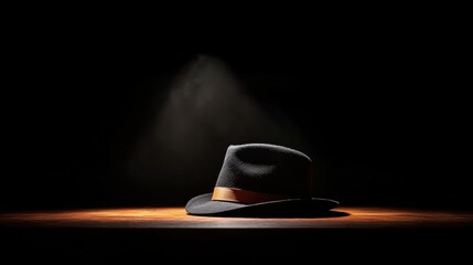 A black fedora hat with a brown band sits on a wooden table.