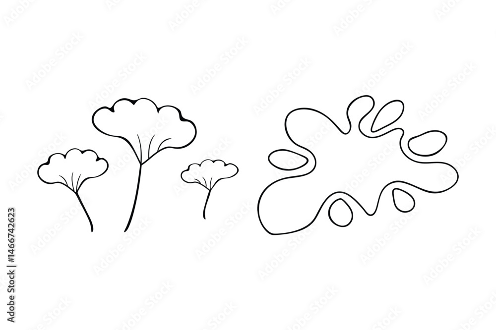 Poster simple elegant line art illustrations of stylized trees and abstract fluid blob design element on wh