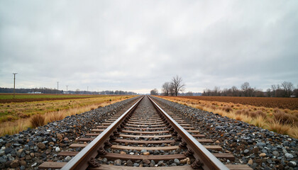 Fototapeta premium Empty railroad tracks under cloudy sky in rural landscape, remembrance