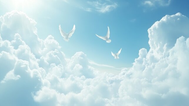 Three white doves flying in bright blue sky with fluffy clouds aerial view freedom concept