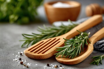 Cooking utensils and fresh herbs arranged on a kitchen counter with salt in background during culinary preparation