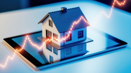 Mortgage demand forecast concept. A house model on a tablet with a digital growth graph overlay.