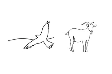 Simple black and white line art illustration featuring a flying bird and a standing goat