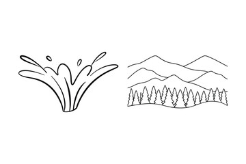 Simple hand drawn illustration depicting splash of water next to mountain scene with trees.