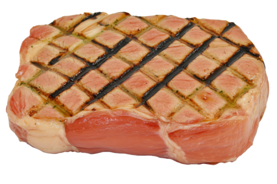 A succulent crosshatched steak rests against a stark black void