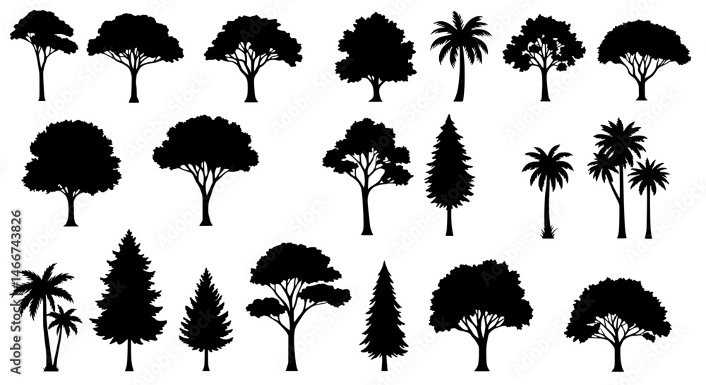 Poster trees silhouette: a collection of intricate silhouettes of various trees in a detailed, black and wh