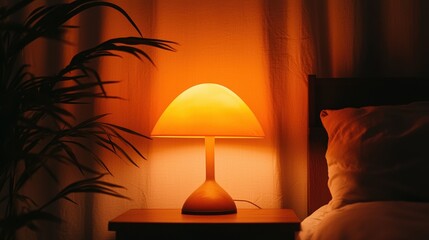 A warm, orange lamp illuminates a cozy bedroom scene.