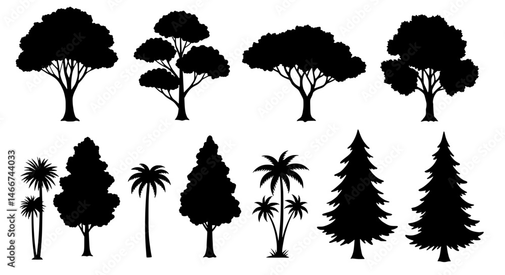 Poster silhouette trees collection: a diverse array of tree silhouettes against a backdrop of nothing. capt