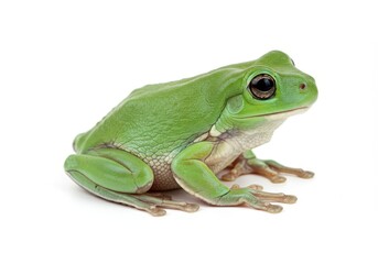 Obraz premium Green tree frog sitting isolated on white background, close up