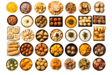 A tempting overhead view of various dishes an Indian food feast awaits the eyes showcasing rich colors on a white backdrop