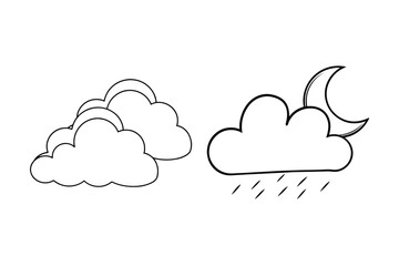 Hand drawn black and white cloud graphics depicting weather elements with rain drops and moon symbols.