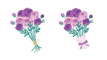 紫のラナンキュラスのブーケのイラスト。紐で括られた花束とリボンでラッピングされた花束のセット。