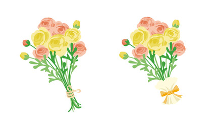 黄色いラナンキュラスのブーケのイラスト。紐で括られた花束とリボンでラッピングされた花束のセット。