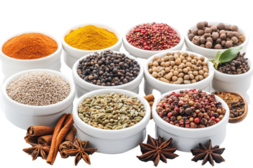 A vibrant array of spices fills white bowls artfully arranged showcasing a culinary spectrum against a sleek white backdrop