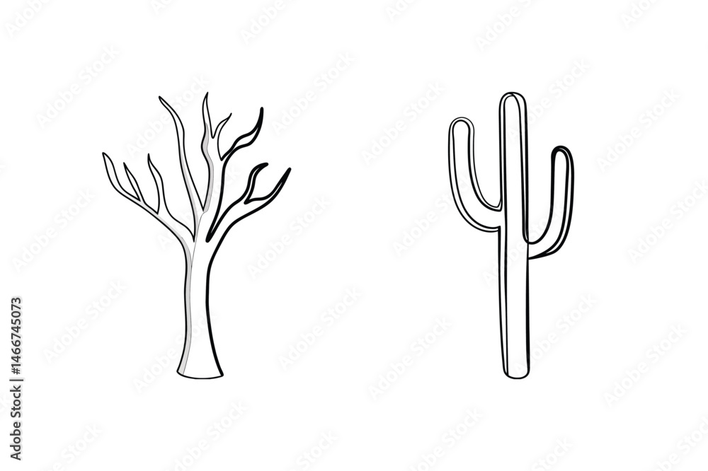Poster minimalist vector illustration of bare tree and cactus outlines representing desert environment elem