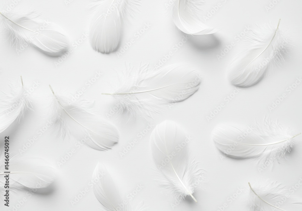 Poster scattered white feathers on a white background create a soft delicate texture