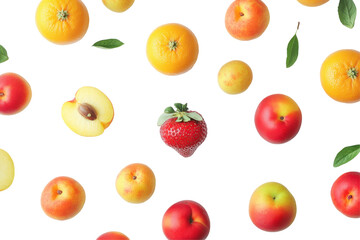 A vibrant fruit medley floats against the void oranges peaches plums and a lone strawberry