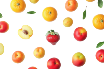 A vibrant fruit medley floats against the void oranges peaches plums and a lone strawberry