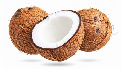 three coconuts, one of them cut in half, revealing the white flesh inside, perfect for tropical themes or culinary projects. The rough, hairy texture of the outer shells is complemented by the smooth.