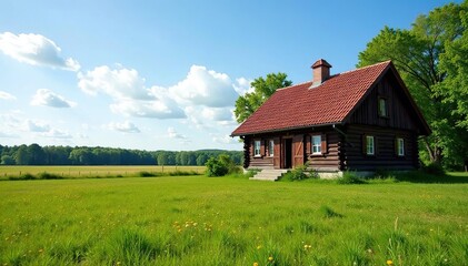 Traditional Estonian wooden house, rural setting , summer, historic
