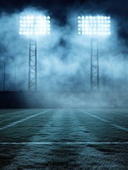 Stadium Lights Illuminate Foggy Football Field at Night Low Angle Shot Dramatic Lighting