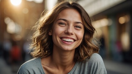 Obraz premium A joyously beaming young woman, her eyes sparkling with inner happiness, gazes off into the distance with a radiant, toothy smile