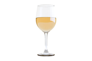 A wine glass half full with a beverage of a light pale yellow color stands poised against a stark white backdrop