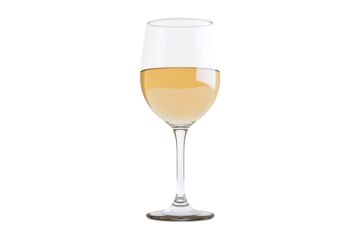 A wine glass half full with a beverage of a light pale yellow color stands poised against a stark white backdrop