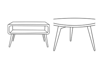 Outline illustrations of modern coffee tables showcasing simple geometric shapes and minimalist interior design