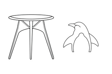 Black and white minimalist vector illustration of a table and a stylized penguin design element