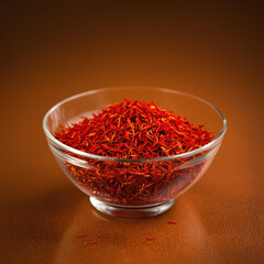 Fototapeta premium Close-Up of Premium Saffron Threads in Wooden Spoon on Dark Red Background