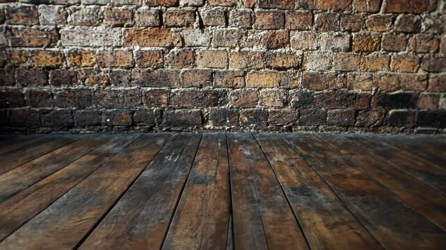 Rustic interior with aged brick wall and wooden floor