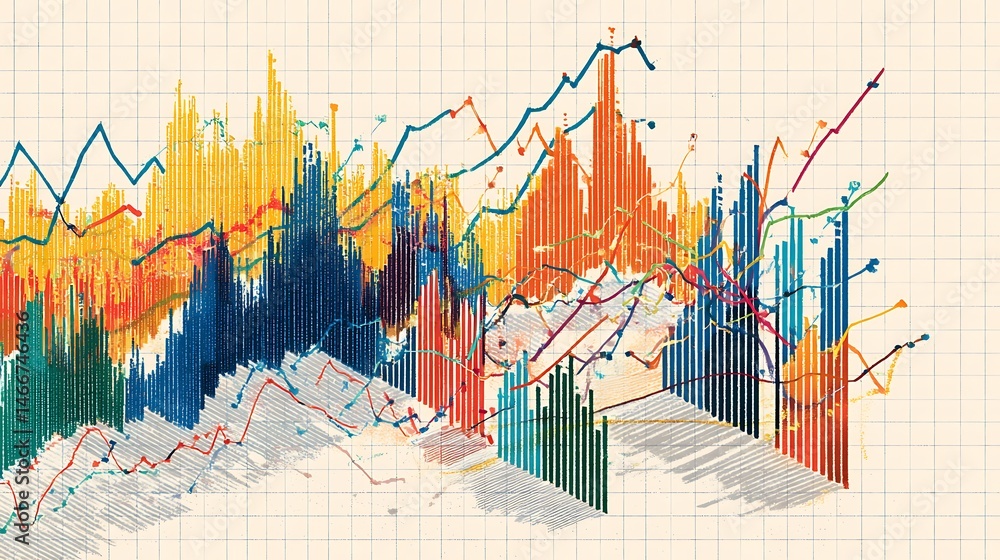 Leinwandbilder A vibrant detailed graph with multiple line charts overlaid on a bar chart, set against a grid on a white background