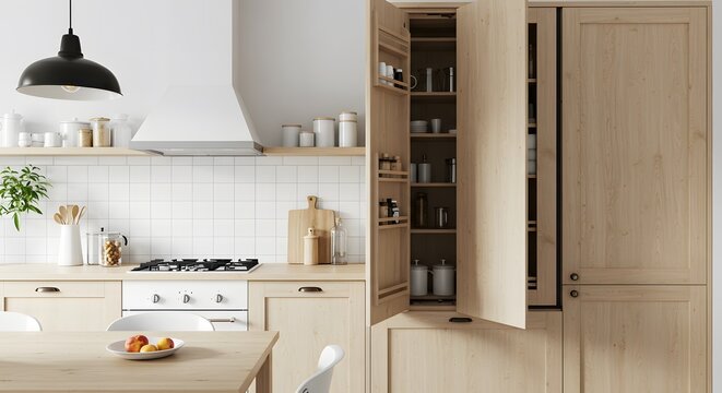 Bright and airy modern kitchen interior featuring light natural wood cabinetry, a white tiled backsplash, and an efficiently organized tall pull-out pantry cupboard, shown open to reveal neatly arrang