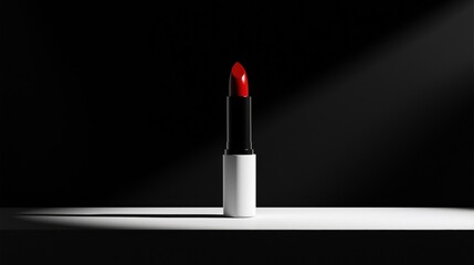 A red lipstick with a black cap sits on a white shelf against a black background.