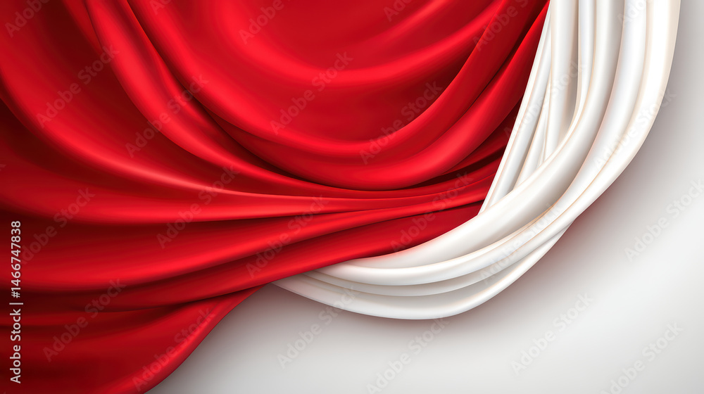 Poster a silky red and white fabric elegantly draped, creating a smooth, flowing abstract pattern.