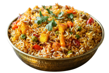 Aromatic biryani in a brass bowl bursting with colorful vegetables and garnished with fresh parsley