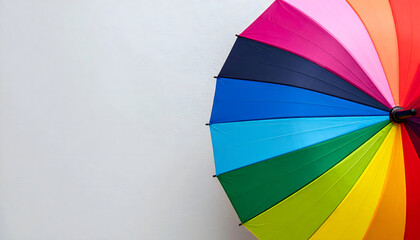 Fototapeta premium a vibrant rainbow umbrella with a multicolored top standing upright against a light background