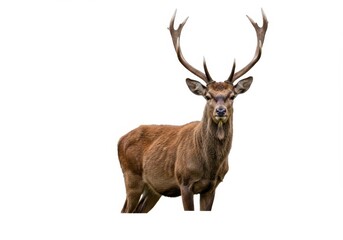 Majestic red deer stag with large antlers standing alert on a clean white background looking directly at the viewer