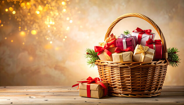a festive wicker basket filled with wrapped gifts and garnished with pine cones