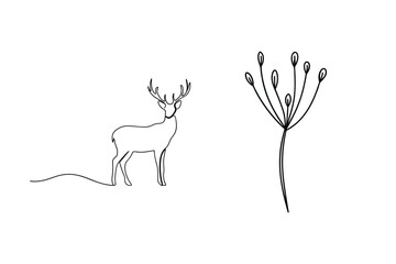 Elegant minimalist line art depicting a deer and delicate floral element on a white background