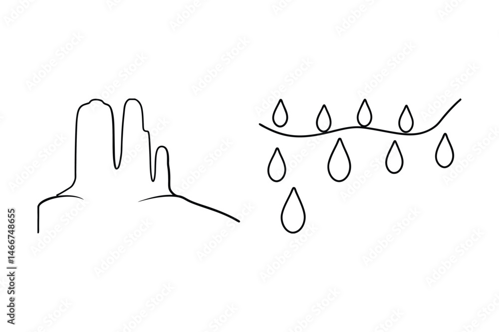 Poster simple black line art of a mountain range and a string of raindrops against a white background