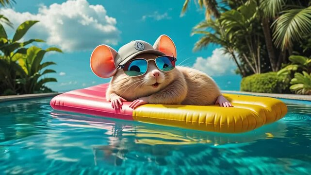 cute cartoon  mouse on inflatable mattress in pool in summer
