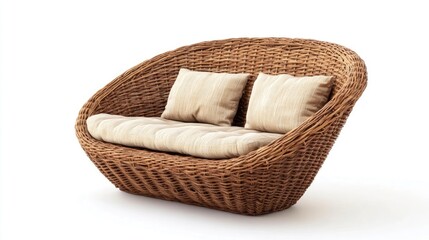 Rattan loveseat with cushions isolated on white