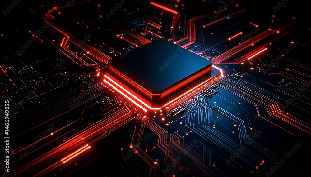 Poster a high-tech image of a glowing central processing unit (cpu) on a circuit board, showing complex ele