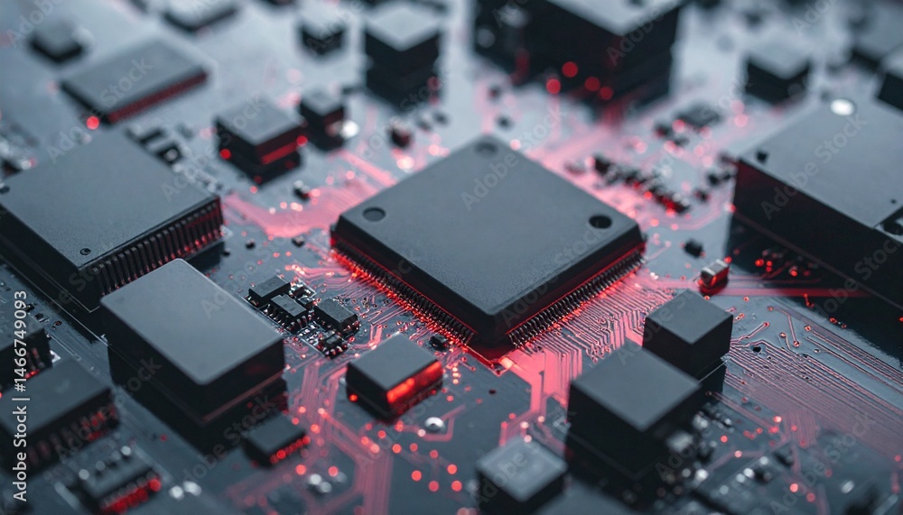 Poster a close-up view of a computer chip with intricate details, illustrating technological advancement