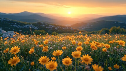Fototapeta premium Golden sunset over mountain meadow. Vibrant yellow wildflowers blanket a hillside at golden hour, with distant mountains and a setting sun